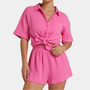 Sommer Set Damen | Hemd und Shorts | Luftig | Bequem | Zweiteilig | Freizeit-Rosa-XS-Luzern Mode