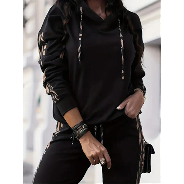 Damen Sportset | Zweiteilig | Hoodie | Hose | Lässig | Elastisch-Schwarz-S-Luzern Mode