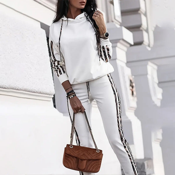 Damen Sportset | Zweiteilig | Hoodie | Hose | Lässig | Elastisch-Weiß-S-Luzern Mode