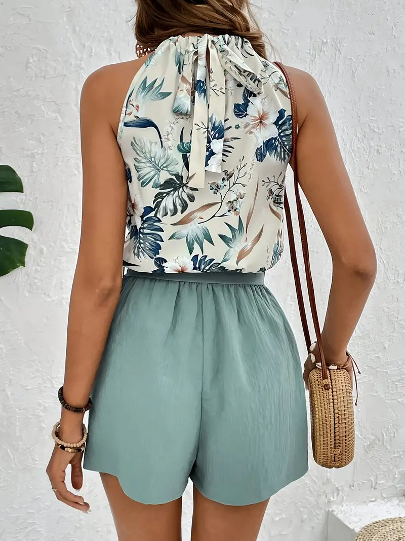 Zweiteiliges Set | lockere Bluse | elastischer Bund | tropisches Muster | weich | luftig-Luzern Mode