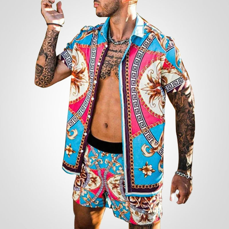 Zweiteiler Herren Sommer | Print Set Shirt Shorts | Bequem auffällig | Freizeit-D-S-Luzern Mode