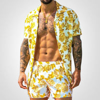 Zweiteiler Herren Sommer | Print Set Shirt Shorts | Bequem auffällig | Freizeit-F-S-Luzern Mode