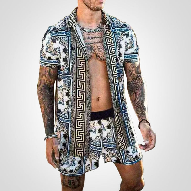 Zweiteiler Herren Sommer | Print Set Shirt Shorts | Bequem auffällig | Freizeit-H-S-Luzern Mode