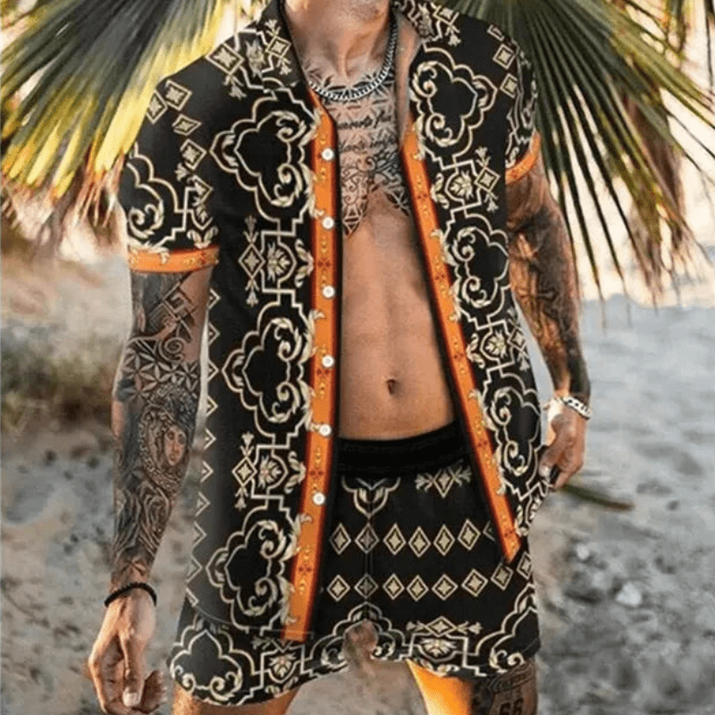 Freizeitset Herren Sommer | Patchwork Hemd und Shorts | Leicht | Bequem | Zweiteilig-Stil 10-M-Luzern Mode