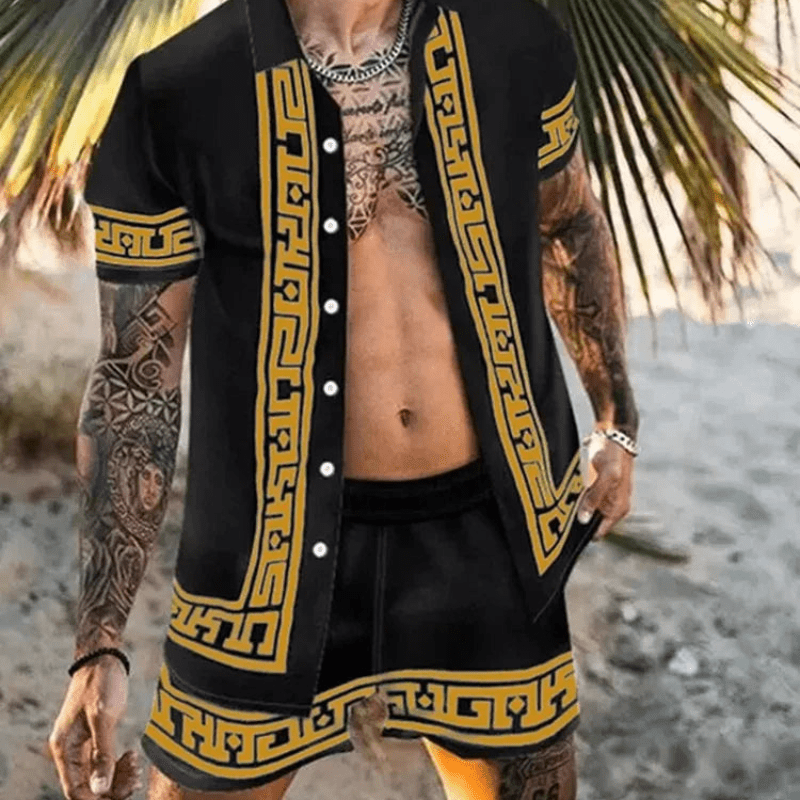Freizeitset Herren Sommer | Patchwork Hemd und Shorts | Leicht | Bequem | Zweiteilig-Stil 11-M-Luzern Mode