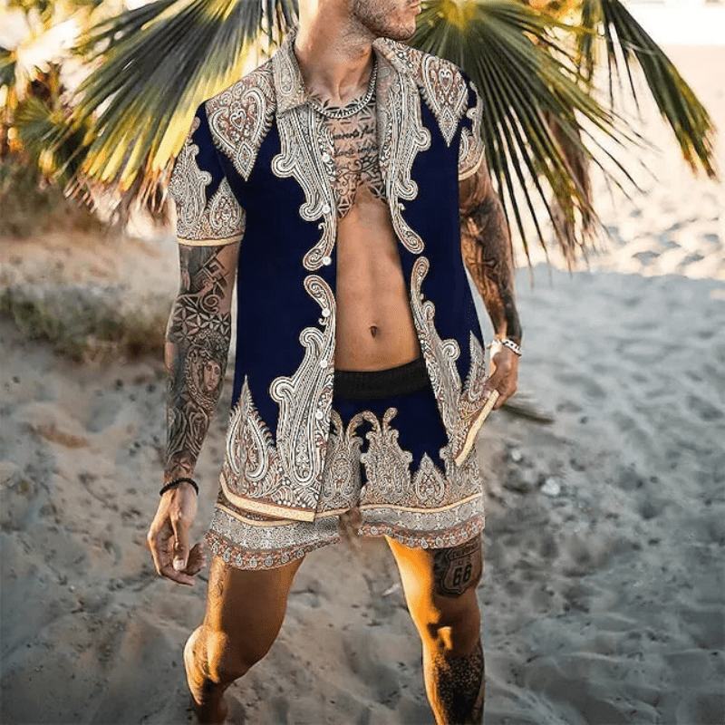 Freizeitset Herren Sommer | Patchwork Hemd und Shorts | Leicht | Bequem | Zweiteilig-Stil 9-M-Luzern Mode