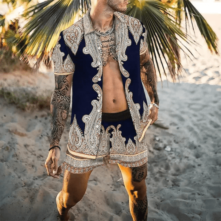 Freizeitset Herren Sommer | Patchwork Hemd und Shorts | Leicht | Bequem | Zweiteilig-Stil 9-M-Luzern Mode