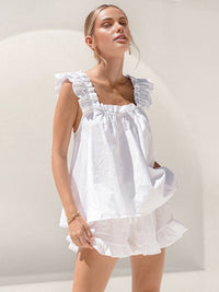 Sommer Pyjama Set Damen | Luftig zweiteilig | Rüschen Top Shorts bequem-Luzern Mode