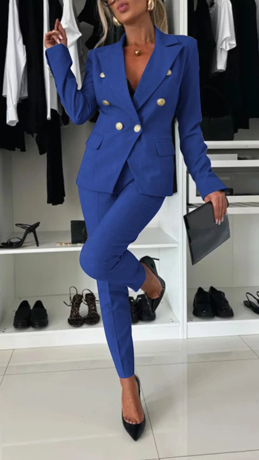 Damen Kleidungset | 2-teilig | Jacke | Hose | Knöpfe | Tailliert-Blau-S-Luzern Mode