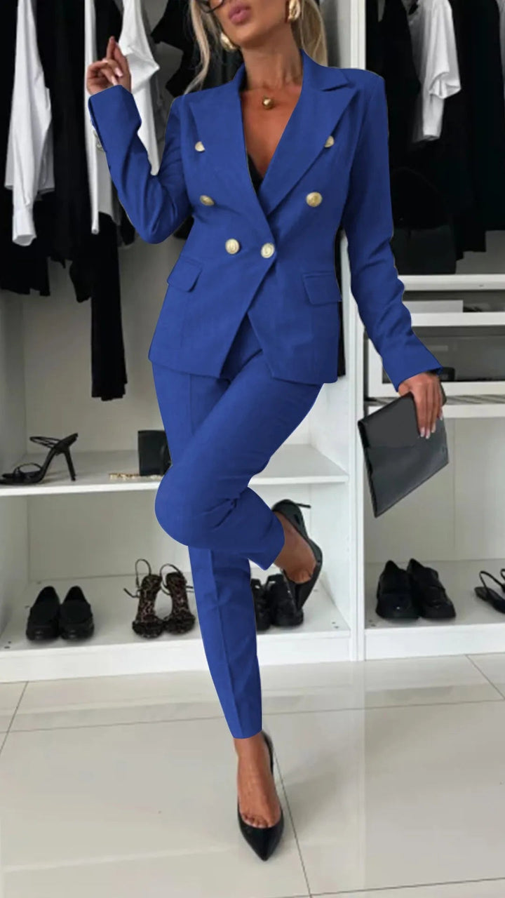 Damen Kleidungset | 2-teilig | Jacke | Hose | Knöpfe | Tailliert-Blau-S-Luzern Mode