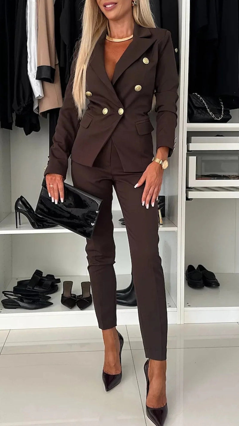 Damen Kleidungset | 2-teilig | Jacke | Hose | Knöpfe | Tailliert-Braun-S-Luzern Mode