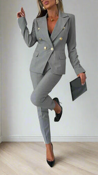 Damen Kleidungset | 2-teilig | Jacke | Hose | Knöpfe | Tailliert-Grau-S-Luzern Mode