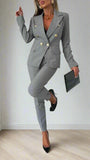 Damen Kleidungset | 2-teilig | Jacke | Hose | Knöpfe | Tailliert-Grau-S-Luzern Mode