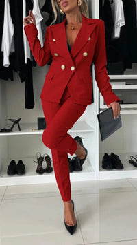 Damen Kleidungset | 2-teilig | Jacke | Hose | Knöpfe | Tailliert-Rot-S-Luzern Mode
