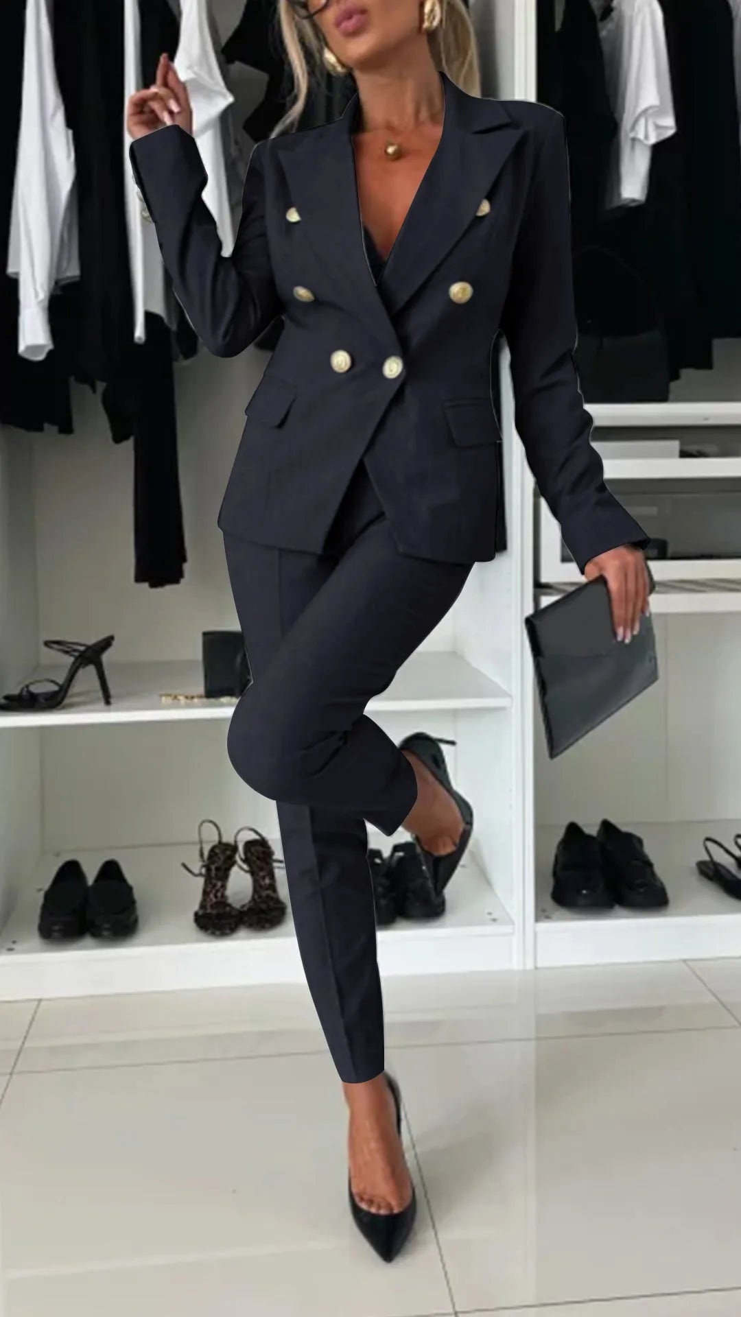 Damen Kleidungset | 2-teilig | Jacke | Hose | Knöpfe | Tailliert-Schwarz-S-Luzern Mode