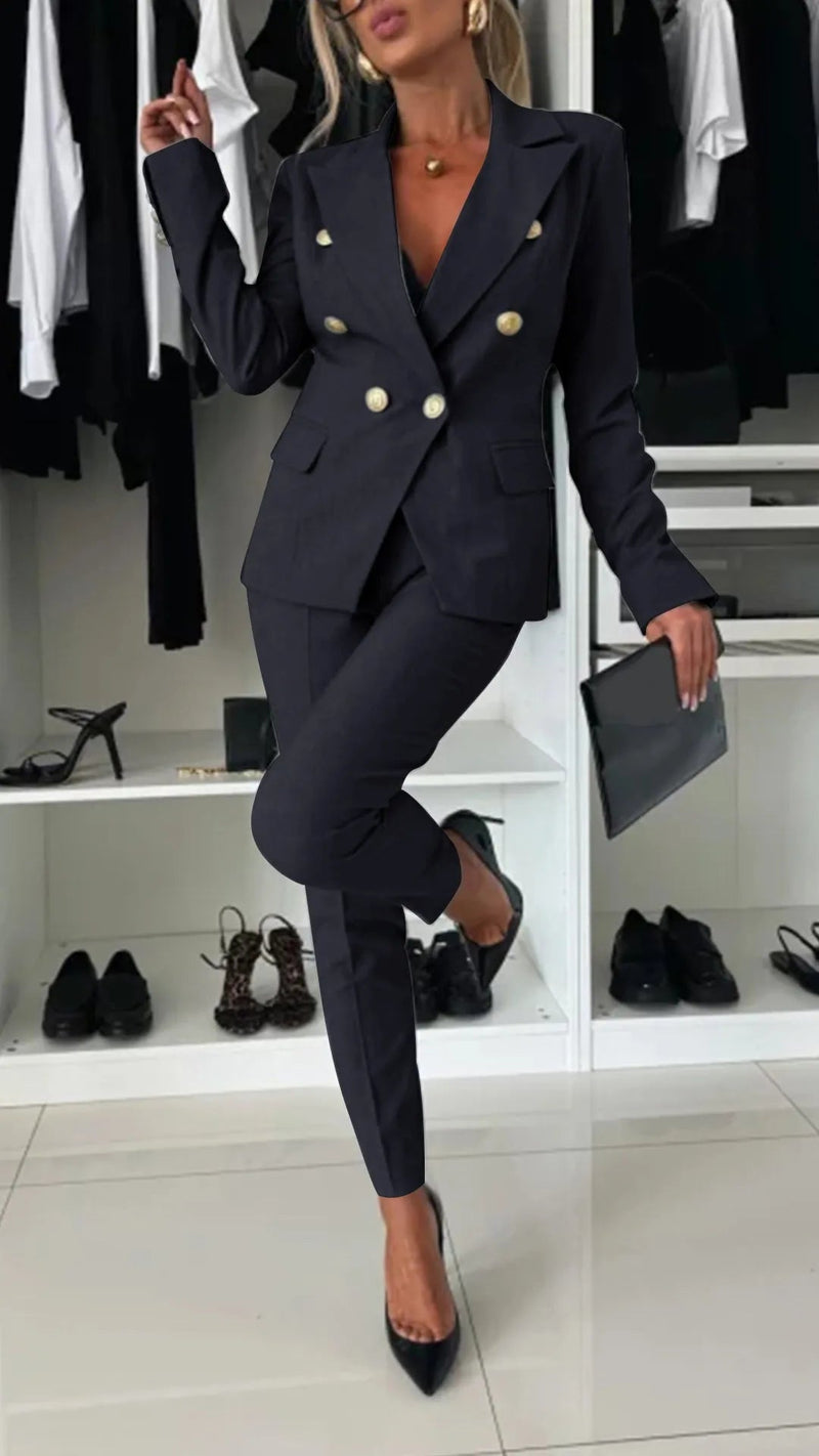 Damen Kleidungset | 2-teilig | Jacke | Hose | Knöpfe | Tailliert-Schwarz-S-Luzern Mode