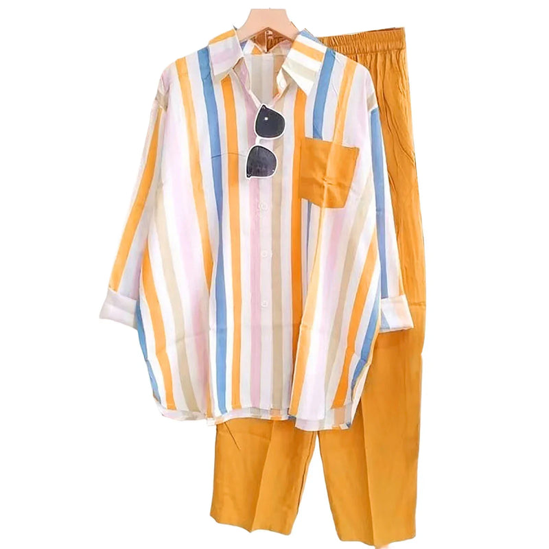 Leinen Set Damen zweiteilig | lockeres Shirt | weite Hose | atmungsaktiv | leicht-Gelb-S-Luzern Mode