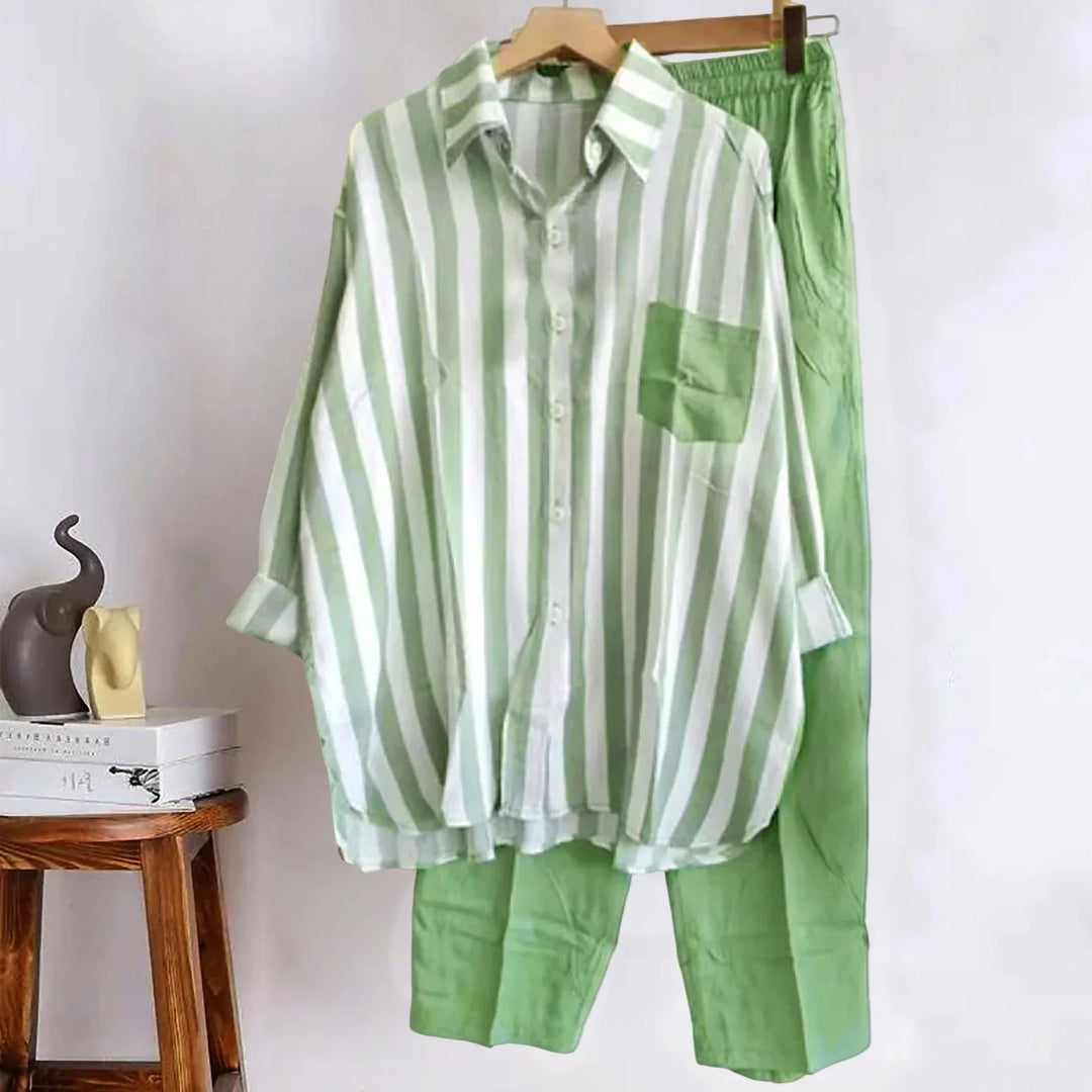 Leinen Set Damen zweiteilig | lockeres Shirt | weite Hose | atmungsaktiv | leicht-Grün-S-Luzern Mode