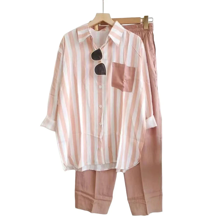 Leinen Set Damen zweiteilig | lockeres Shirt | weite Hose | atmungsaktiv | leicht-Rosa-S-Luzern Mode