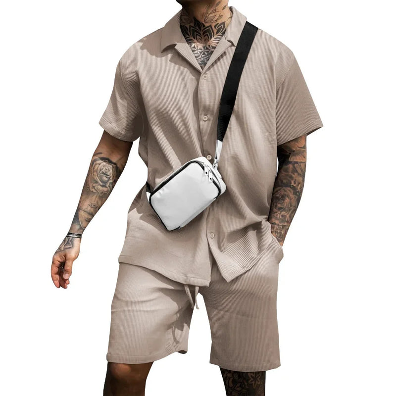 Sommer Set Herren zweiteilig | Hemd Shorts | Atmungsaktiv bequem | Freizeit Look-Khaki-S-Luzern Mode