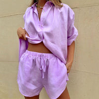 Damen Sommerbekleidungsset | 2-teilig | Bluse | Shorts | Lässig | Einfarbig-Lila-S-Luzern Mode