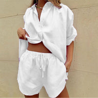 Damen Sommerbekleidungsset | 2-teilig | Bluse | Shorts | Lässig | Einfarbig-Weiß-S-Luzern Mode