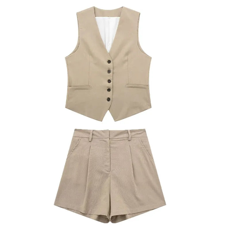 Zweiteiler Damen Sommer | Vintage Set Top Shorts | Leicht bequem | Freizeitlook-Beige-XS-Luzern Mode