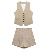 Zweiteiler Damen Sommer | Vintage Set Top Shorts | Leicht bequem | Freizeitlook-Beige-XS-Luzern Mode