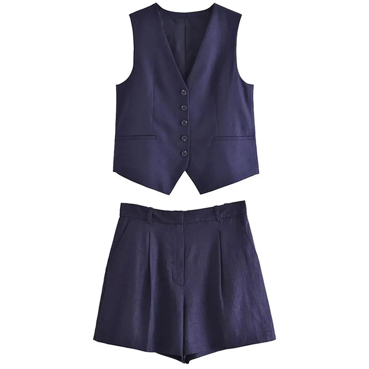 Zweiteiler Damen Sommer | Vintage Set Top Shorts | Leicht bequem | Freizeitlook-Dunkelblau-XS-Luzern Mode