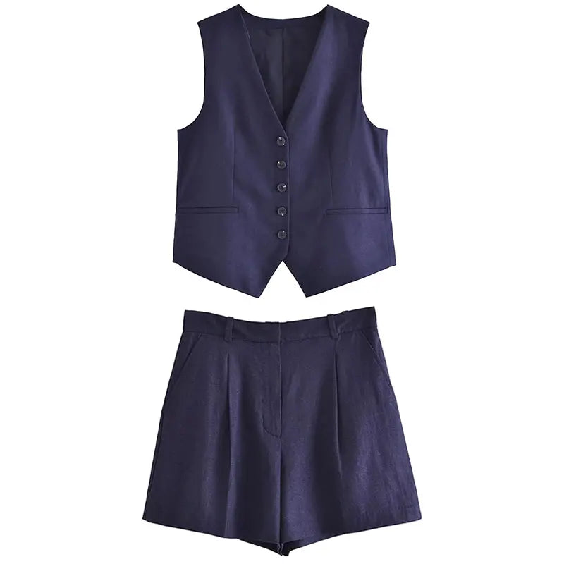 Zweiteiler Damen Sommer | Vintage Set Top Shorts | Leicht bequem | Freizeitlook-Dunkelblau-XS-Luzern Mode