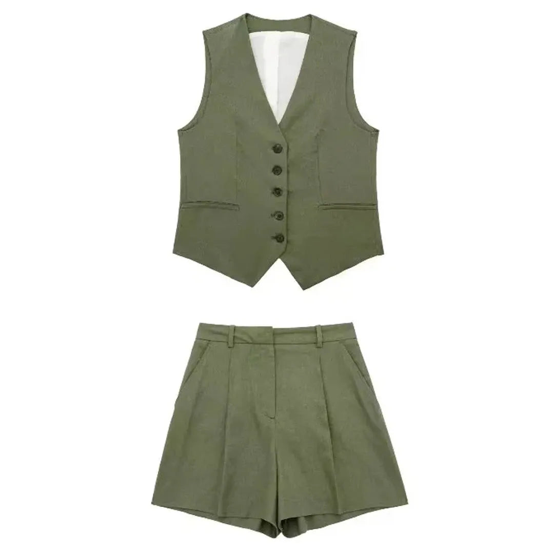 Zweiteiler Damen Sommer | Vintage Set Top Shorts | Leicht bequem | Freizeitlook-Militärgrün-XS-Luzern Mode