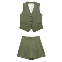 Zweiteiler Damen Sommer | Vintage Set Top Shorts | Leicht bequem | Freizeitlook-Militärgrün-XS-Luzern Mode