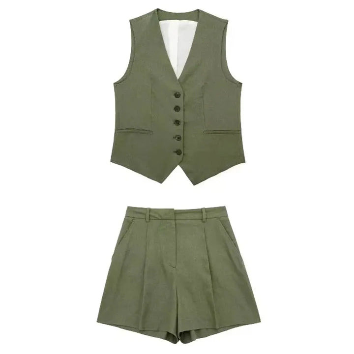 Zweiteiler Damen Sommer | Vintage Set Top Shorts | Leicht bequem | Freizeitlook-Militärgrün-XS-Luzern Mode