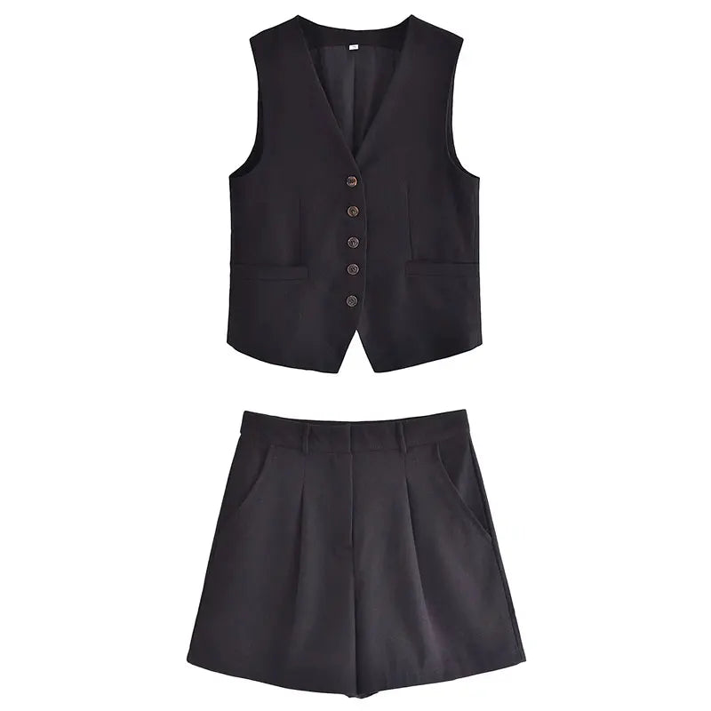 Zweiteiler Damen Sommer | Vintage Set Top Shorts | Leicht bequem | Freizeitlook-Schwarz-XS-Luzern Mode
