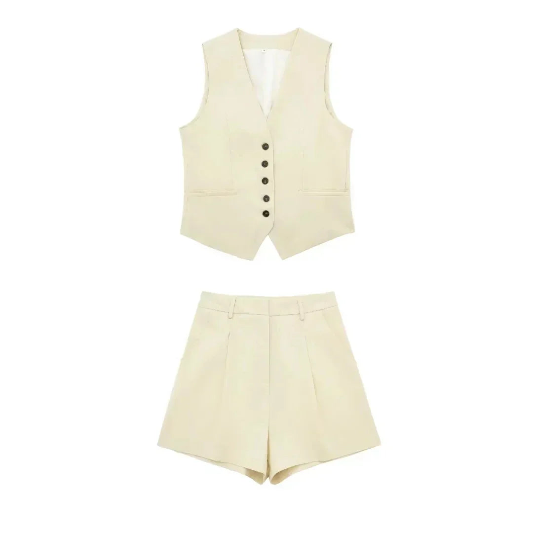 Zweiteiler Damen Sommer | Vintage Set Top Shorts | Leicht bequem | Freizeitlook-Weiß-XS-Luzern Mode
