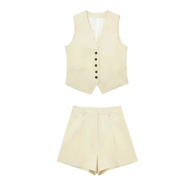 Zweiteiler Damen Sommer | Vintage Set Top Shorts | Leicht bequem | Freizeitlook-Weiß-XS-Luzern Mode