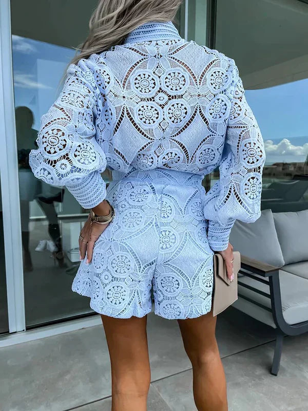 Spitzen Sommer Set Damen | Luftig | Zweiteilig | Ideal für Urlaub und Freizeit-Blau-S-Luzern Mode